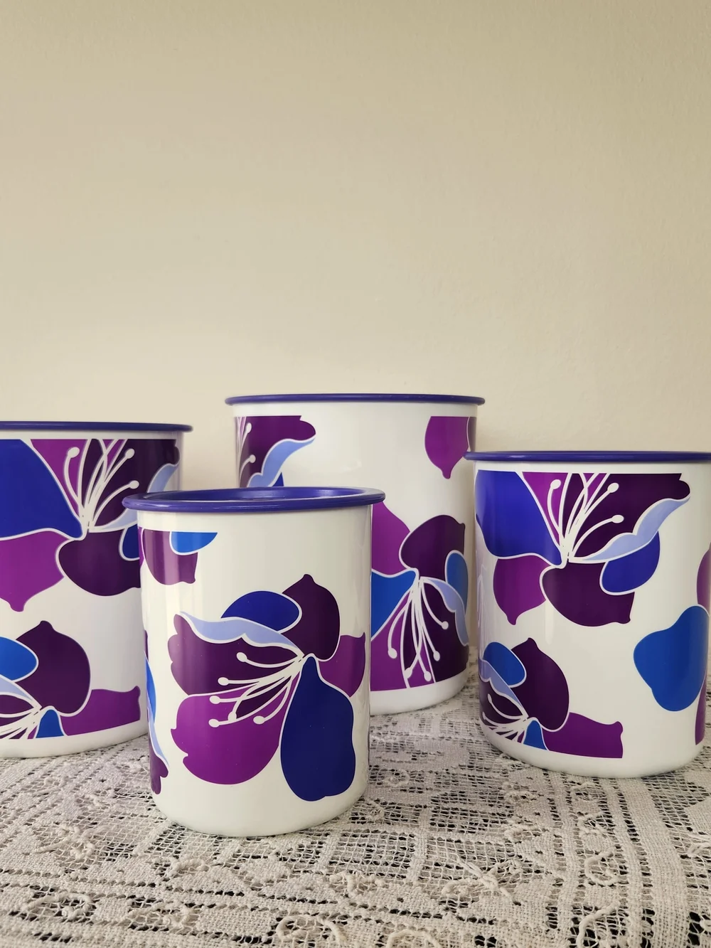 Tupperware White Canister Set with Purple and Blue Floral Design